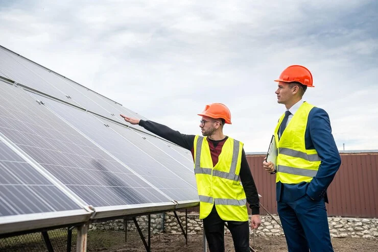 Elektriker med entreprenør som viser installasjon av solcellepaneler